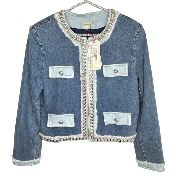 Alice + Olivia Landon Cropped Denim Jacket Large Y2k NYE Designer Party NWT - Picture 2 of 16